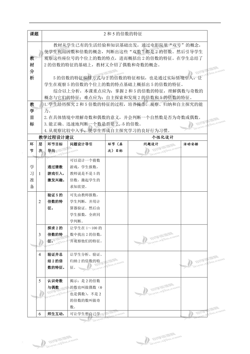 （人教新课标）五年级数学下册教学建议 2和5的倍数的特征.doc_第1页