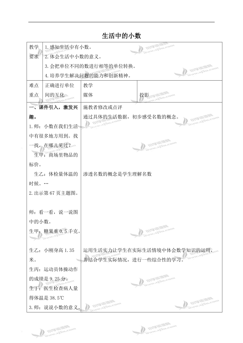 （人教新课标）四年级数学下册教案 生活中的小数 1.doc_第1页