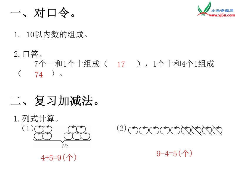 （人教新课标）2015年秋小学一年级数学上册第9单元2.20以内的数的认识、10以内的减法.ppt_第2页