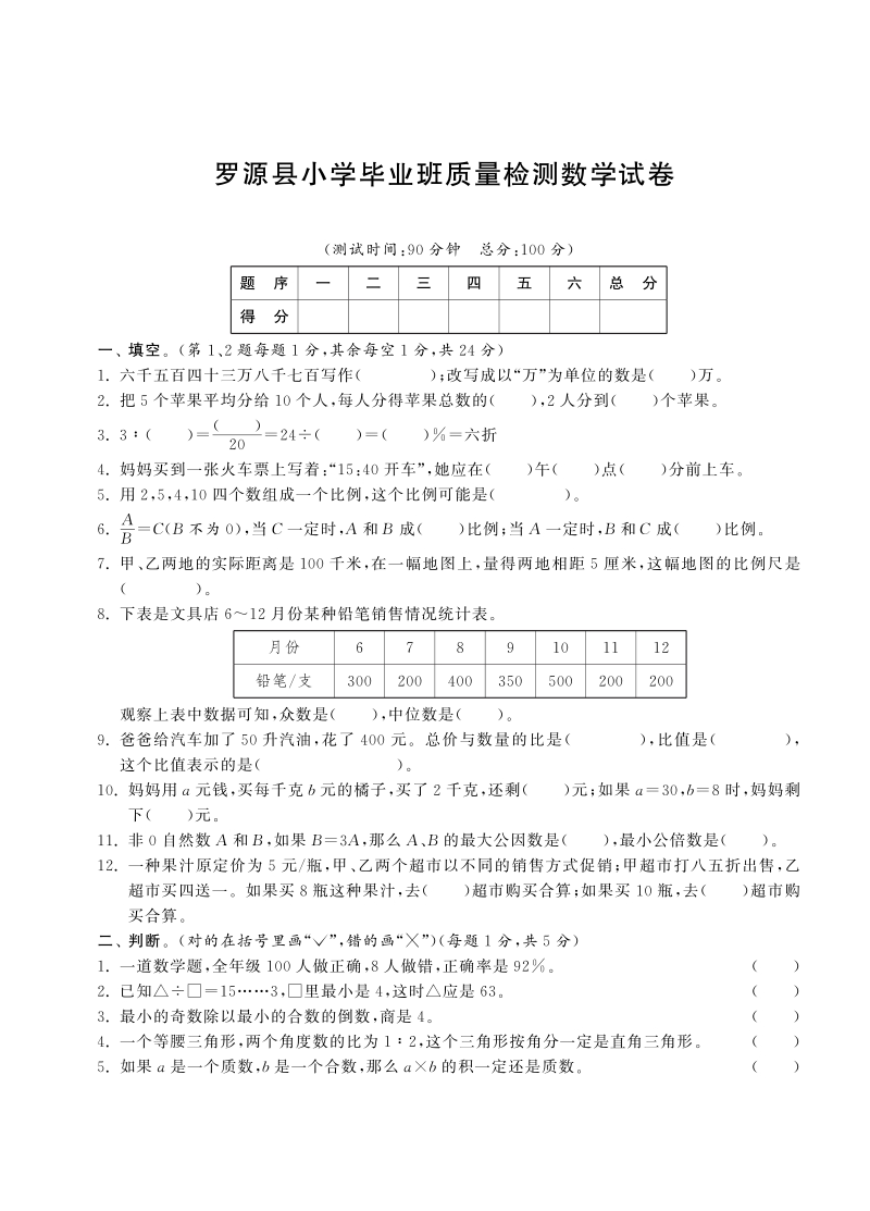 六年级下数学小升初试题六年级下册数学试卷-毕业考试试卷丨罗源县小学毕业班质量检测数学试卷（pdf含答案，通用版）人教新课标（2014秋）.pdf_第1页