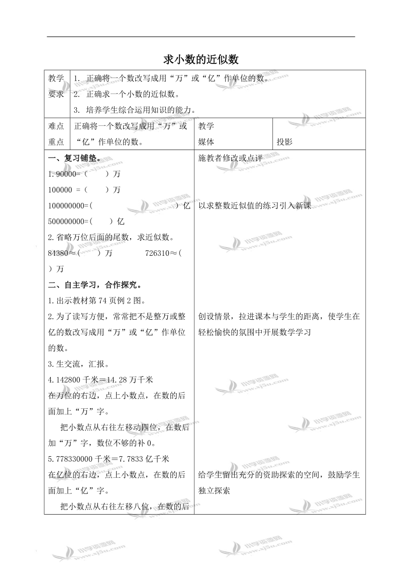 （人教新课标）四年级数学下册教案 求小数的近似数 2.doc_第1页