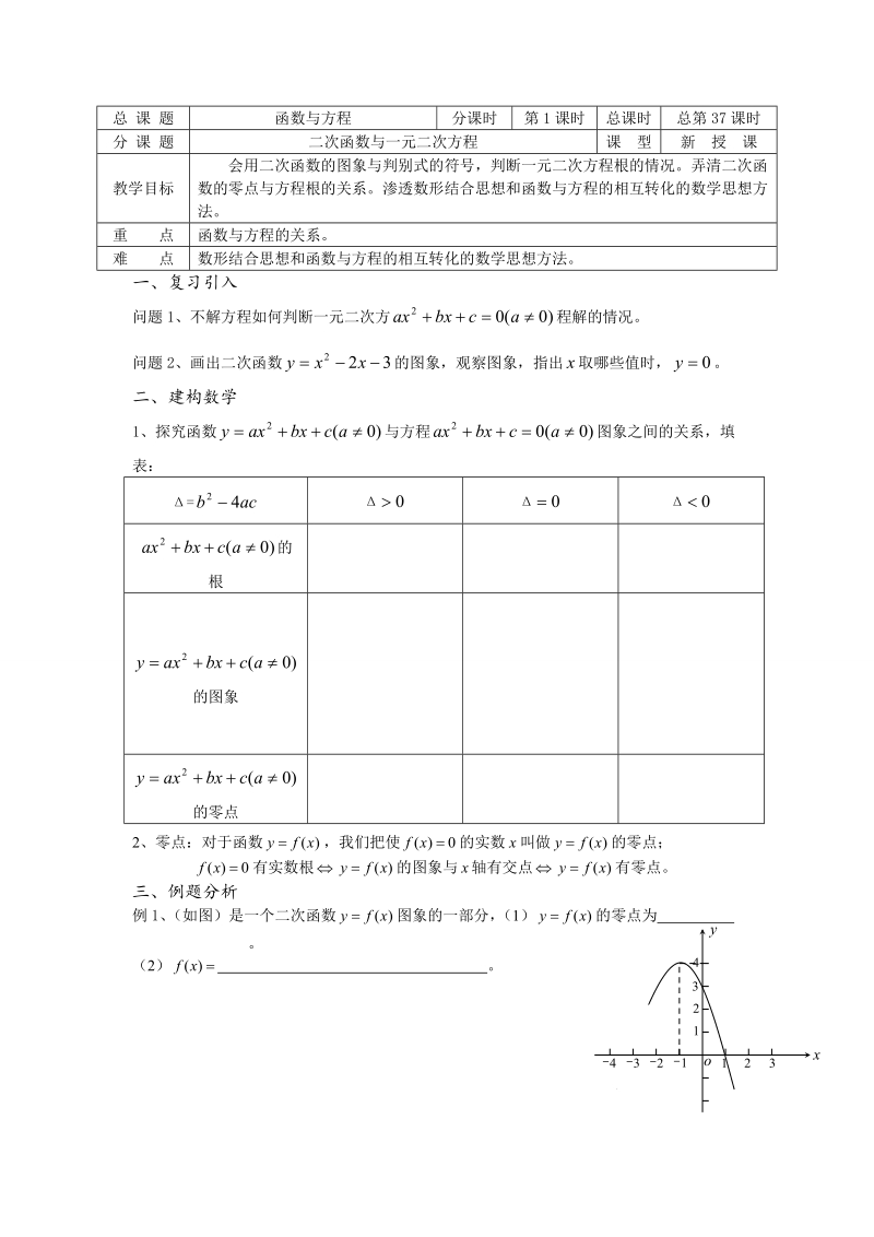 高中数学教学案必修1：第37课时（二次函数与一元二次方程）（苏教版）.doc_第1页