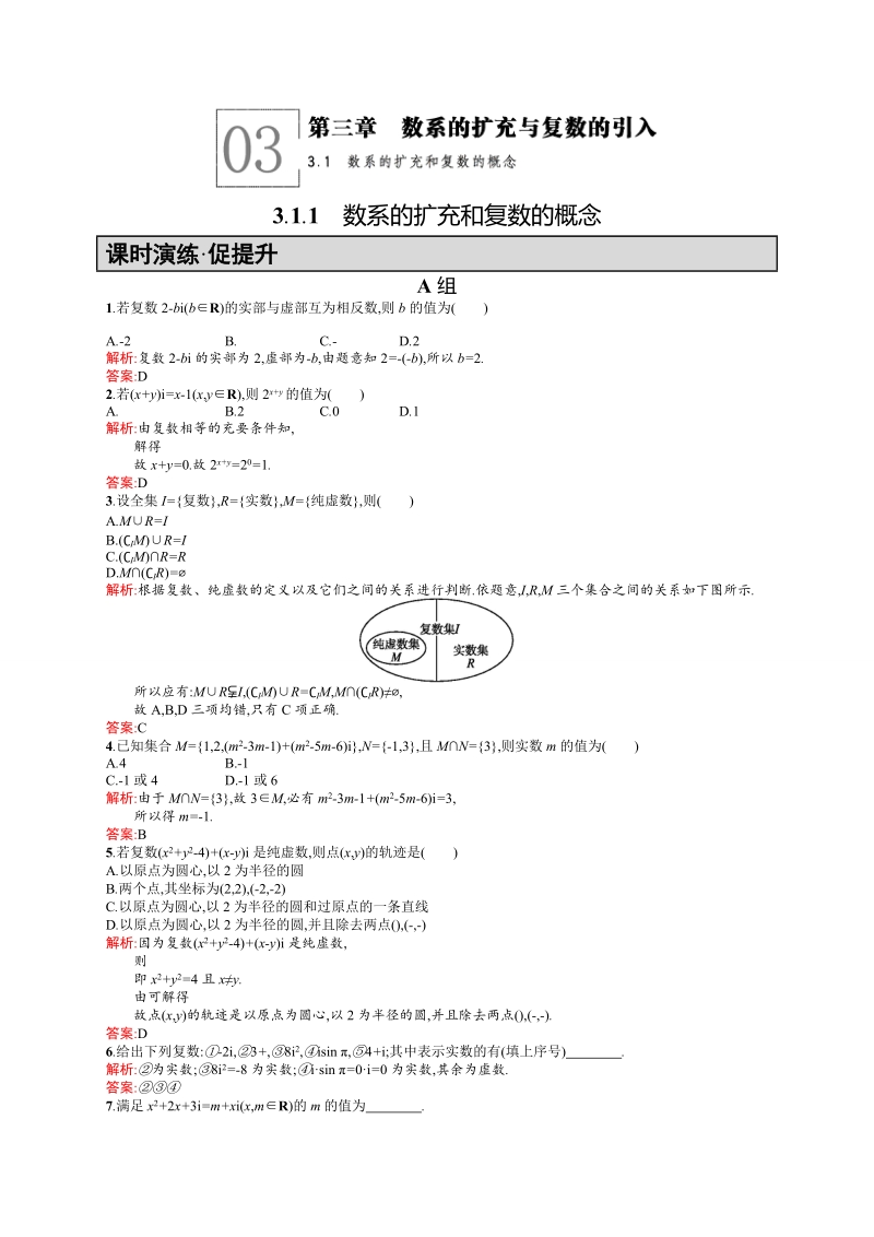 【高中同步测控 优化设计】高中数学人教a版选修2-2练习：3.1.1　数系的扩充和复数的概念.doc_第1页