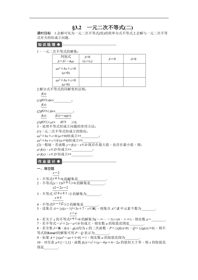 【创新设计-课堂讲义】高中数学（苏教版必修五）练习：3.2　一元二次不等式（二）.doc_第1页