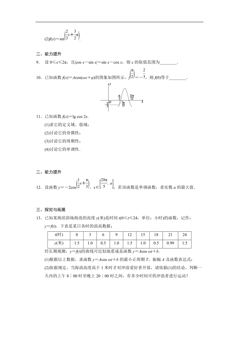 【全优学案】高一数学人教b版必修4同步训练：1.3.2 余弦函数、正切函数的图象与性质（一）.doc_第2页