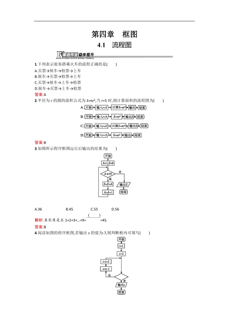 【测控设计】高二数学人教a版选修1-2同步练习：4.1 流程图 word版含解析.doc_第1页