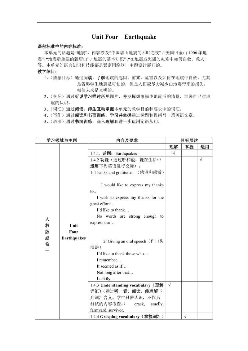 湖北省黄冈市某重点中学人教新课标英语book1 unit four earthquake单元教学细目与单元检测.doc_第1页