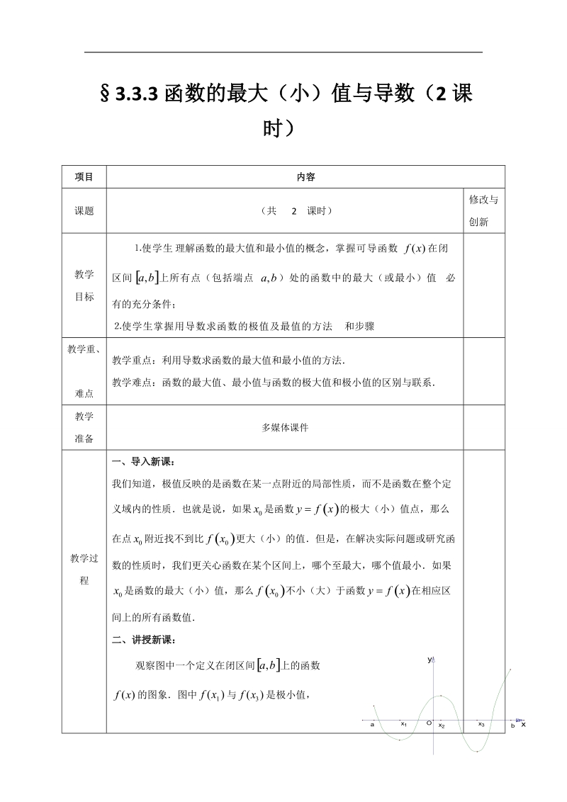 安徽省2017年人教版高中数学选修1-1教案：3.3.3函数的最大（小）值与导数.doc_第1页