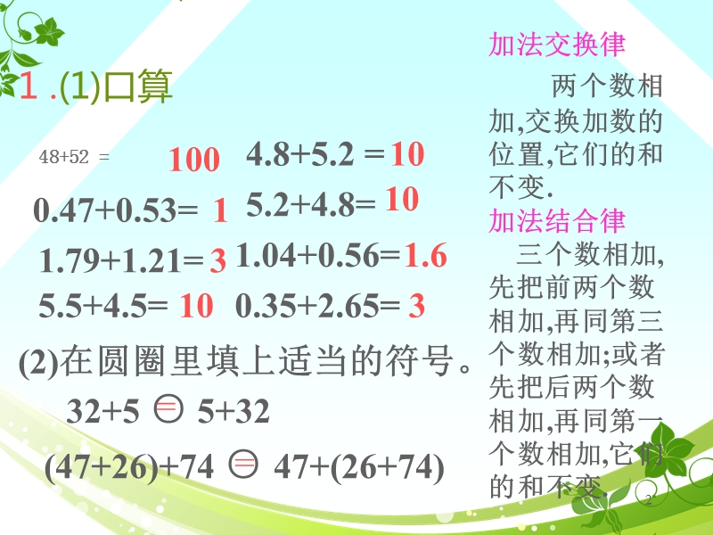 （苏教版） 五年级数学上册  《整数加法运算定律推广到小数》ppt课件.ppt_第2页