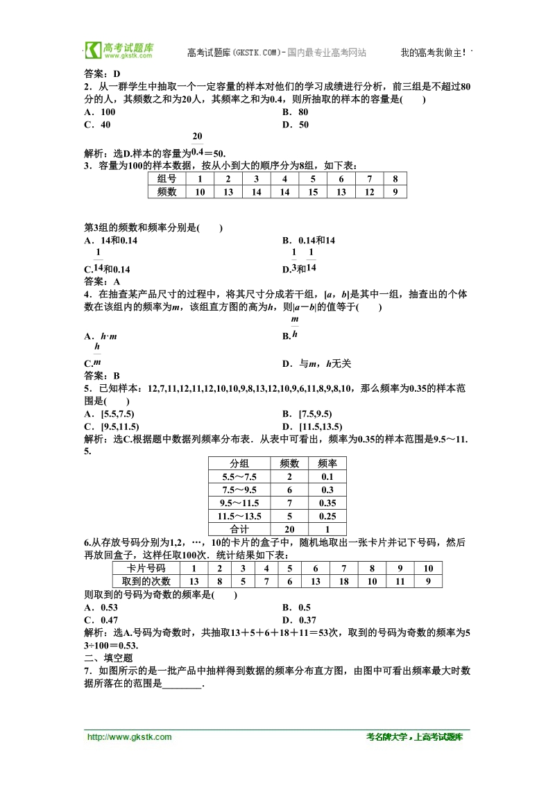 【人教b版】数学《优化方案》 必修3测试：第2章2.2.1知能优化训练.doc_第2页