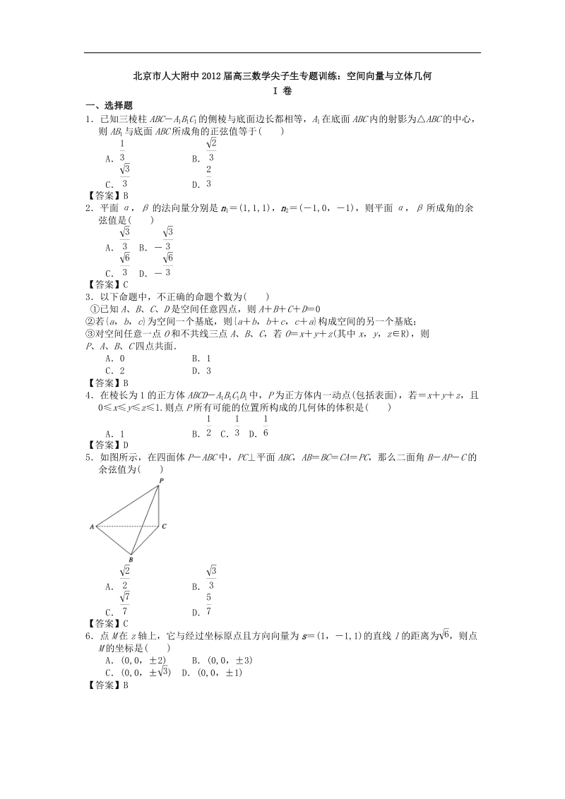 北京市人大附中届高三数学尖子生专题训练：空间向量与立体几何.doc_第1页