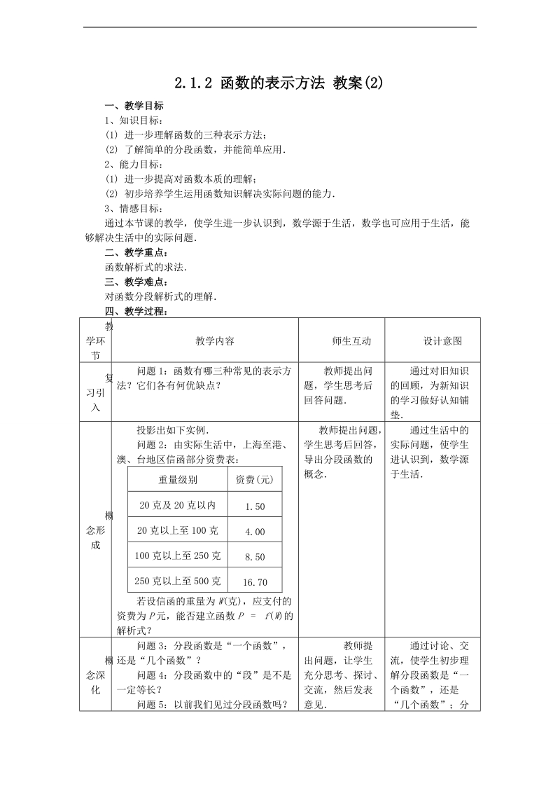 高中新课程数学（新课标人教b版）必修一2.1.2《函数表示法》（2）教案.doc_第1页