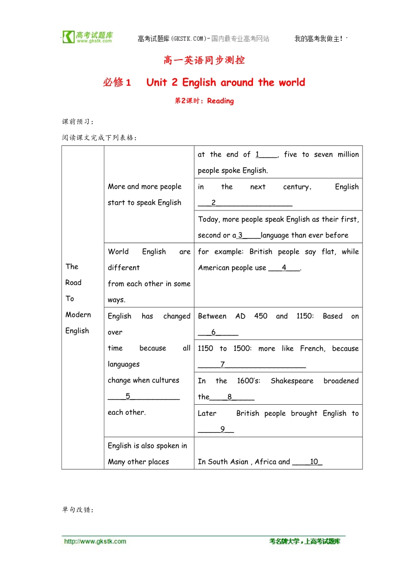 高一英语同步测控：unit 2 english around the world reading（新人教必修1）.doc_第1页