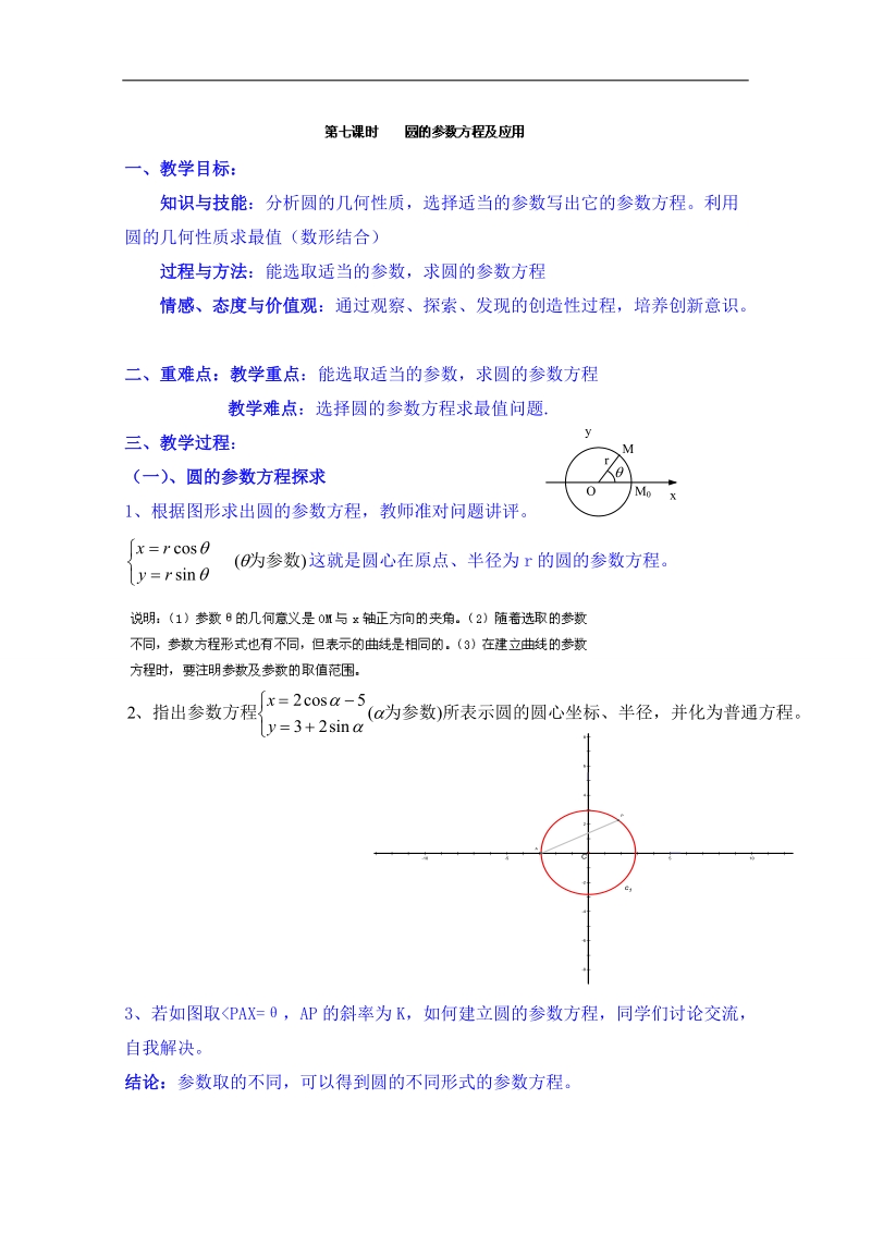 北京市人教版数学教案 选修4-4 2.2圆的参数方程及应用.doc_第1页