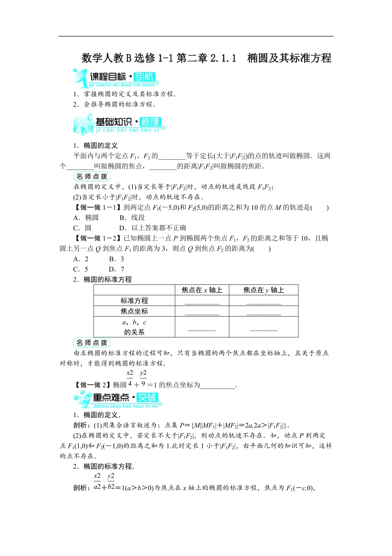 2017年高中数学人教b版选修1-1学案：2.1.1　椭圆及其标准方程+word版含解析.doc_第1页