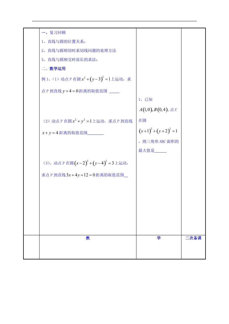 江苏省高中苏教版数学学案 必修二2.2直线与圆的位置关系3预案.doc_第2页