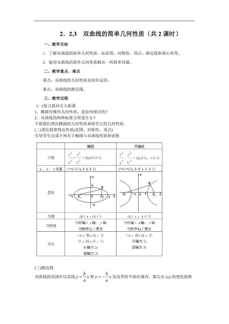 《双曲线》教案2（新人教a版选修2-1）.doc_第1页