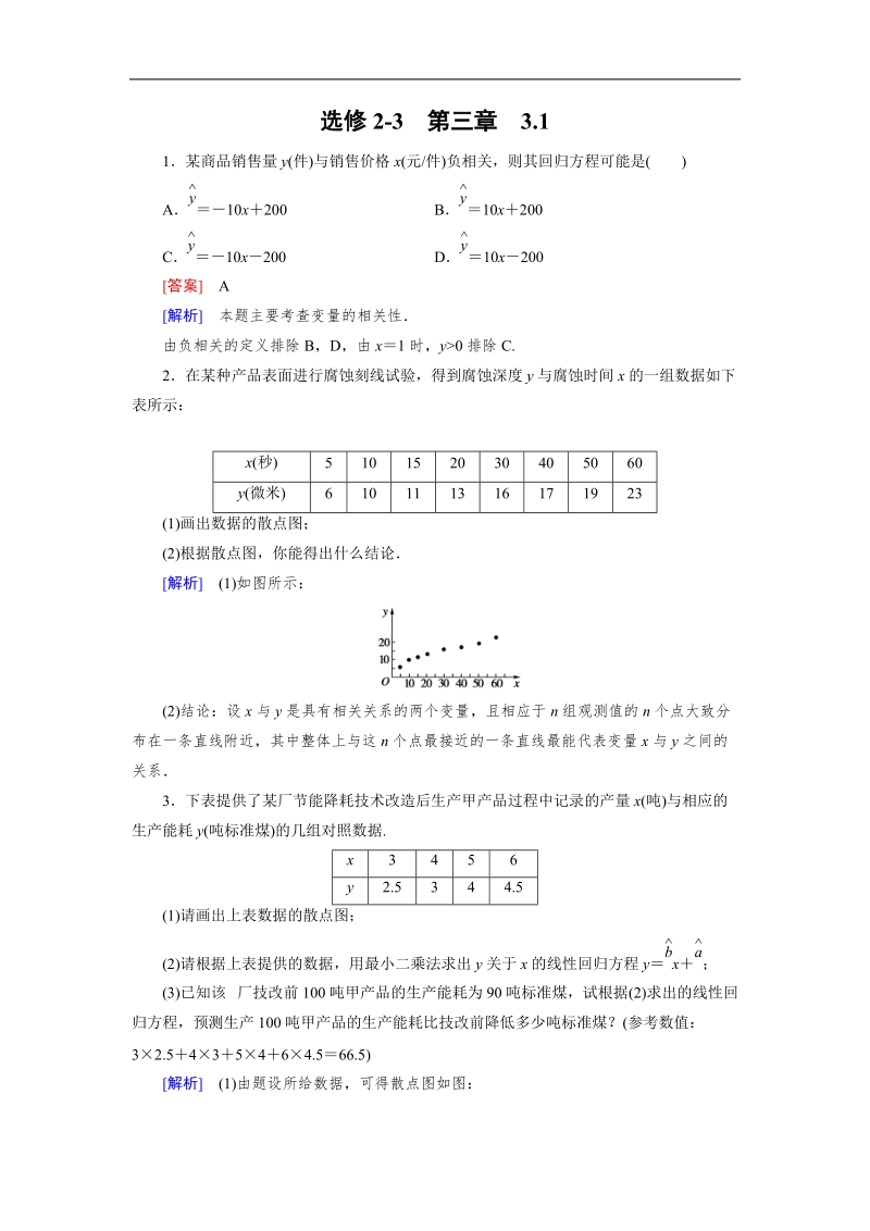 【成才之路】高中数学（人教a版，选修2-3）备选练习：3.1回归分析的基本思想及其初步应用.doc_第1页