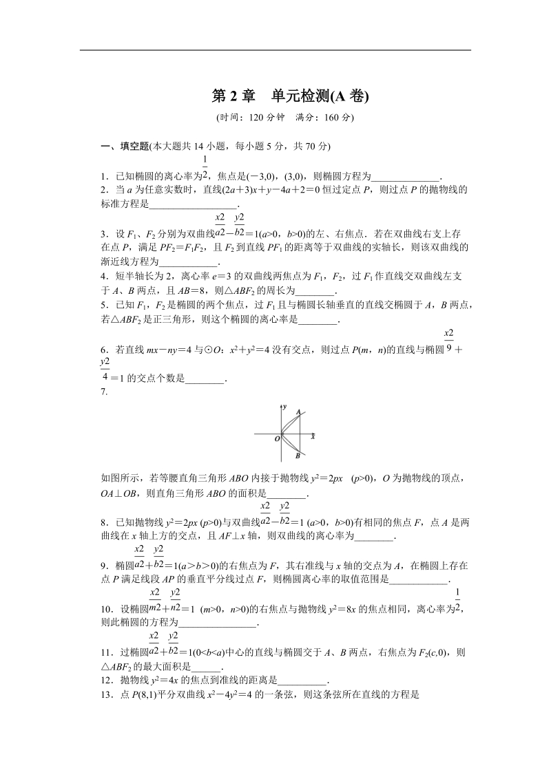 【创新设计-课堂讲义】高中数学（苏教版选修1-2）课时作业：第2章 圆锥曲线与方程单元检测（a卷）.doc_第1页