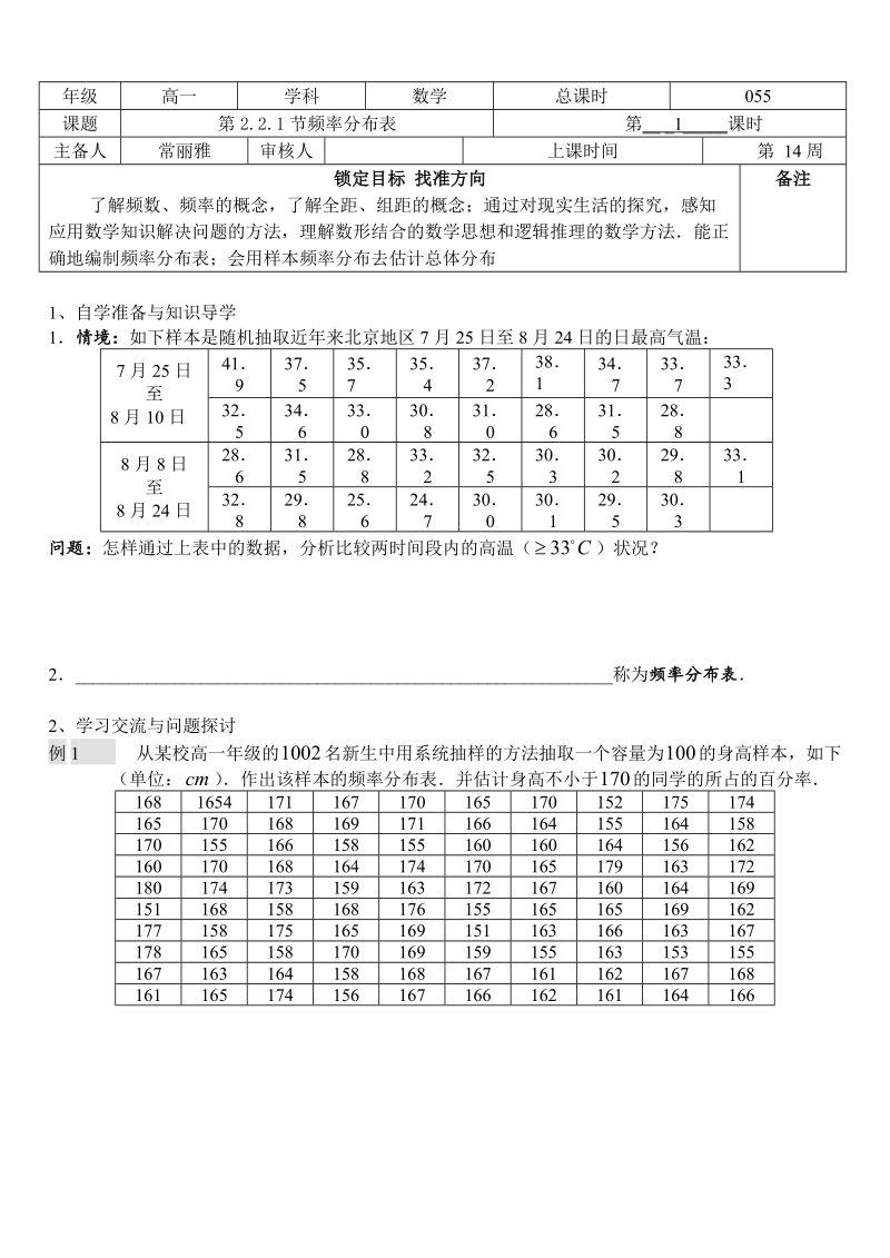 江苏省徐州市王杰中学苏教版数学必修三《第2.2.1节 频率分布表》学案.doc_第1页