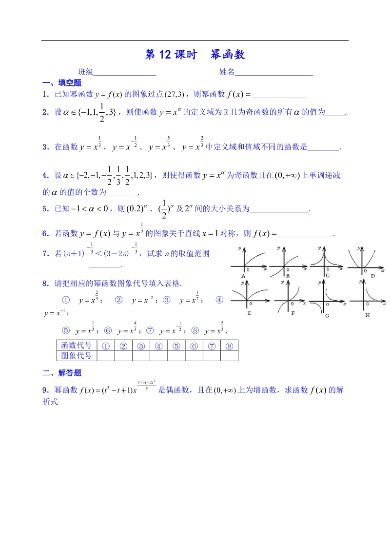 江苏省高邮市界首中学高二下学期数学理科导学案：第12课时  幂函数（课后作业学生版）.doc_第1页