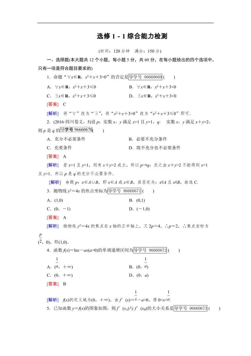 2016秋成才之路人教b版数学选修1-1练习：综合能力检测.doc_第1页