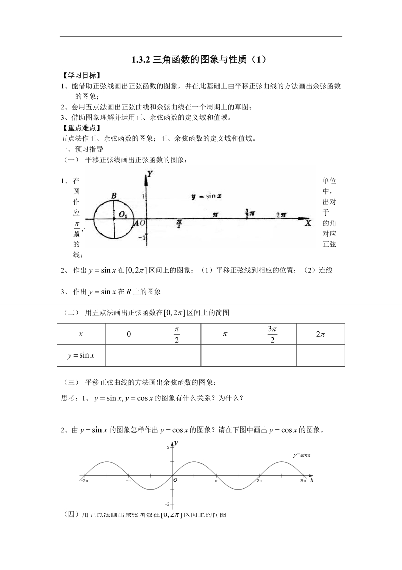 江苏省金坛市第一中学（苏教版）高中数学必修4校本课程开发导学案：1-3-2三角函数的图象与性质（1）.doc_第1页