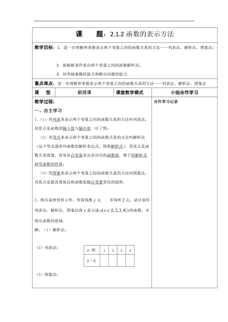 江苏省新沂市高中数学苏教版必修四学案：2.1.2函数的表示方法.doc_第1页