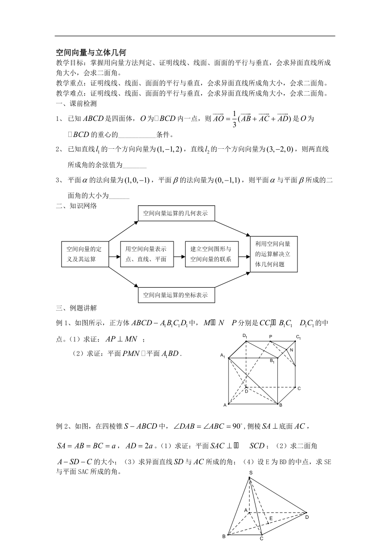 江苏省淮安中学高二数学同步练习：空间向量与立体几何.doc_第1页