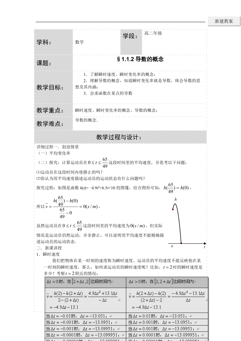 湖北省荆州市沙市第五中学人教版高中数学选修2-2 1-1-2导数的概念 教案.doc_第1页