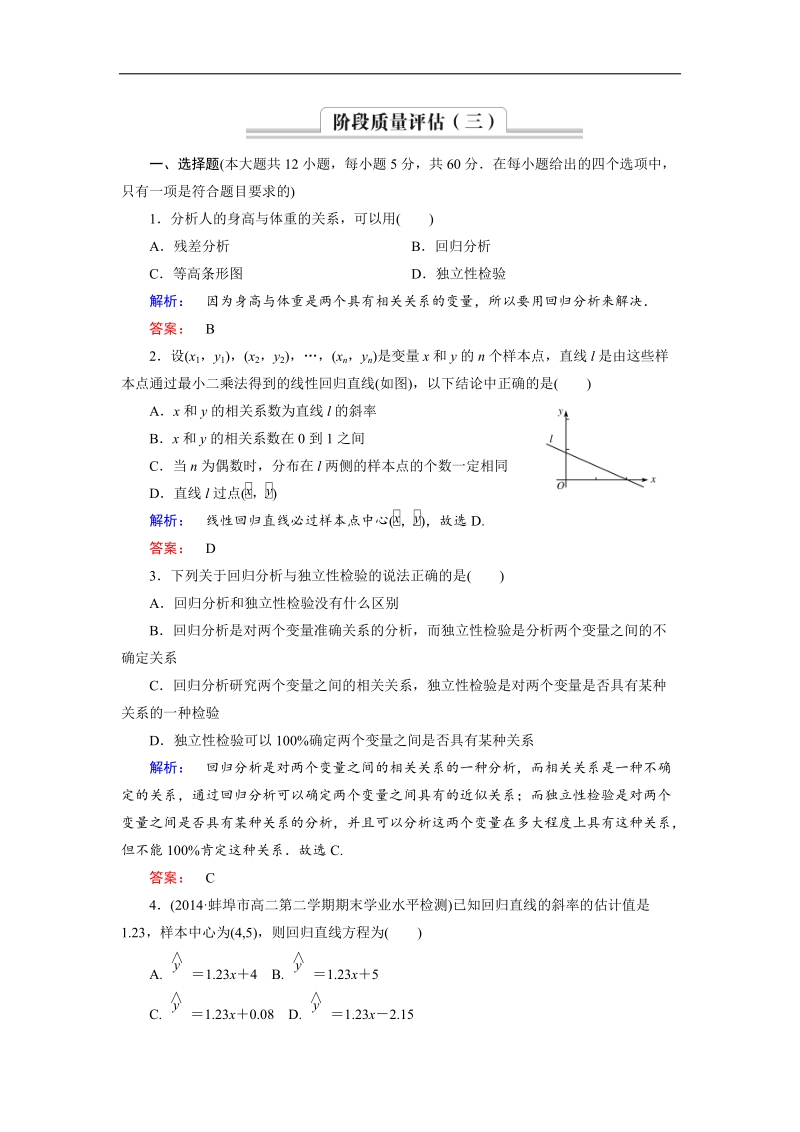 【金版新学案】高二数学人教版a版选修2-3单元评估：第三章 统计案例.doc_第1页