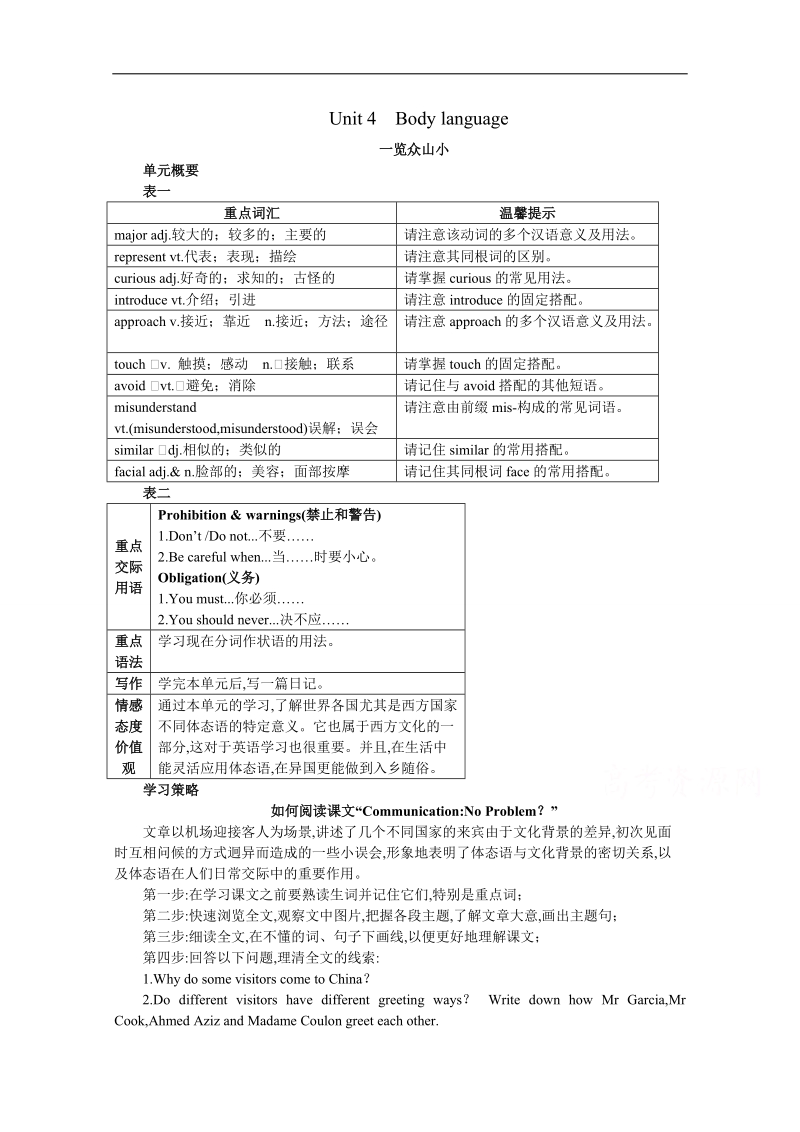 2017年高一英语人教版必修4学案：目标导引unit4　bodylanguageword版含解析.doc_第1页