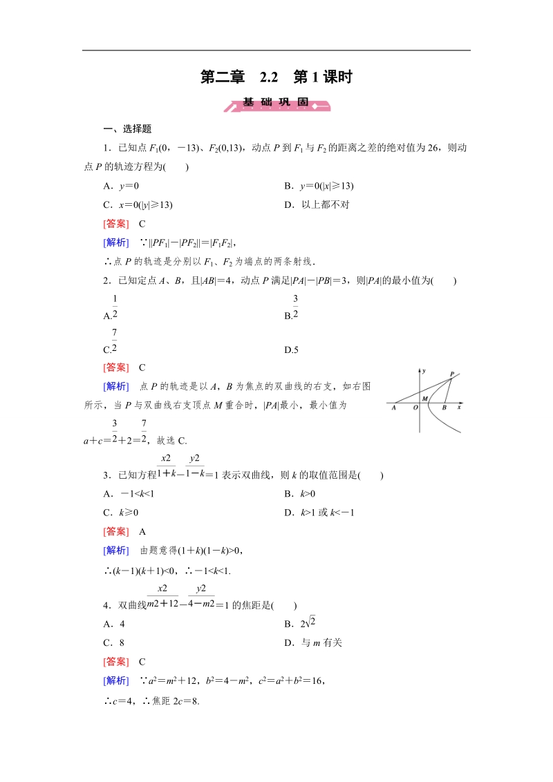 【成才之路】高中数学人教b版选修1-1同步练习 第2章 2.2 第1课时 双曲线及其标准方程.doc_第1页