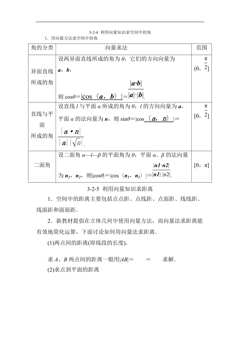 山东省济宁市学而优高二数学（新课标人教版）选修2-1第三章知识点总结：《3.2.4-5 利用向量知识求距离、空间中的角》（教师版）.doc_第1页