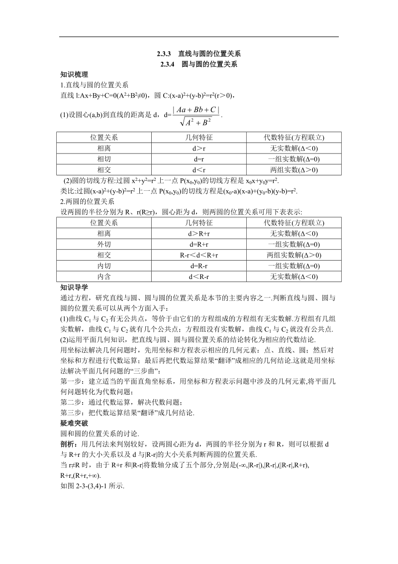 2017年高中数学人教b必修2学案：知识导航+2.3.3直线与圆的位置关系2.3.4圆与圆的位置关系+word版含解析.doc_第1页