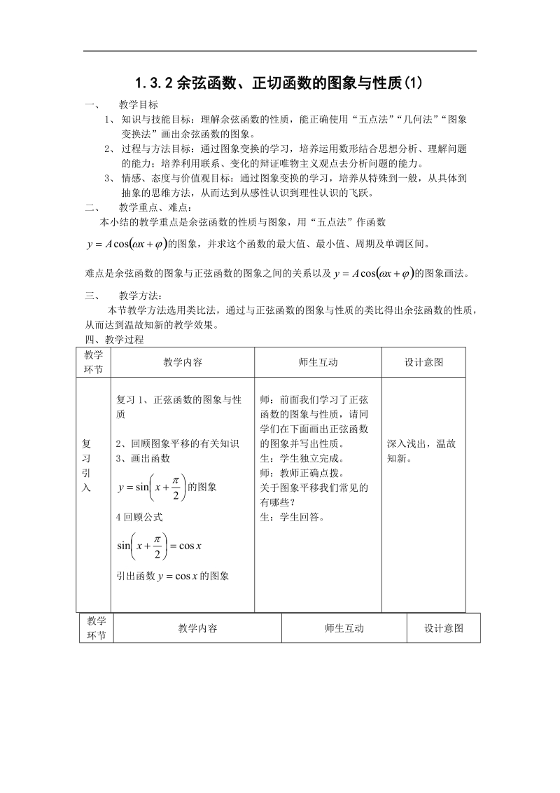 数学：1.3.2《余弦函数、正切函数的图象与性质（1）》教案（新人教b版必修4）.doc_第1页