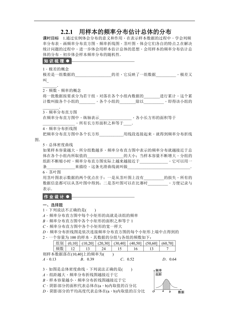 【步步高学案导学设计】数学人教b版必修3课时作业 第2章  统计 2.2.1用样本的频率分布估计总体的分布.doc_第1页