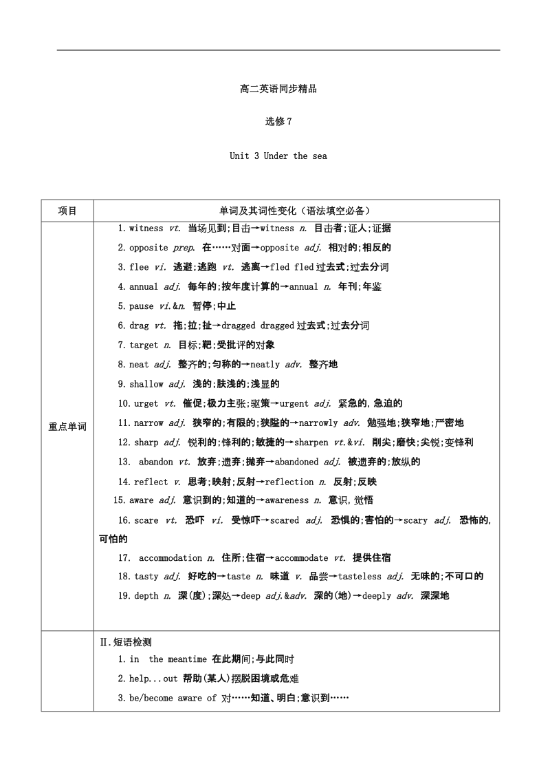 专题03 under the sea（预）-高二英语同步精品课堂（基础版） （选修7） word版含解析.doc_第1页