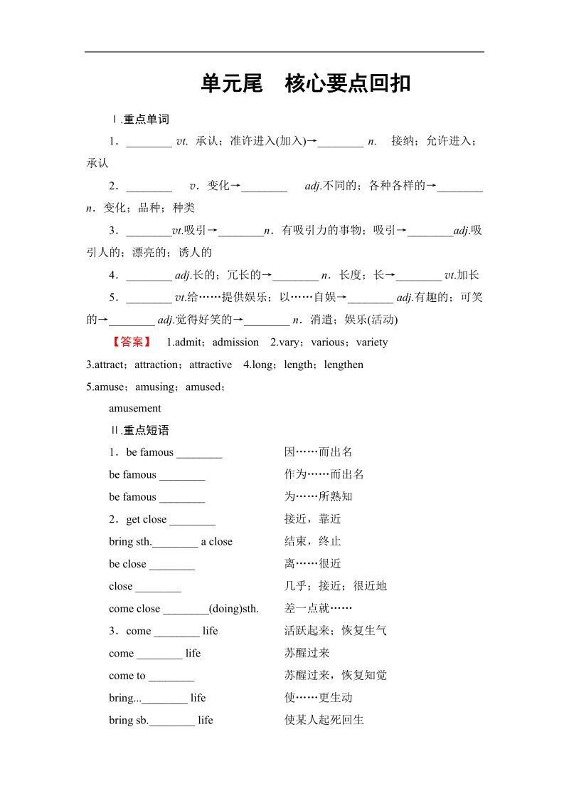 2018版高中英语（人教版）必修4同步教师用书：unit 5 单元尾 核心要点回扣.doc_第1页