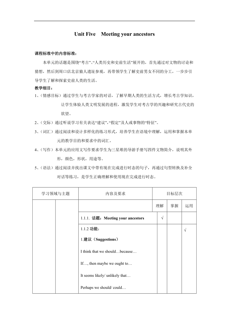 湖北省黄冈市某重点中学人教新课标英语book8 unit five meeting your ancestors单元教学细目与单元检测.doc_第1页