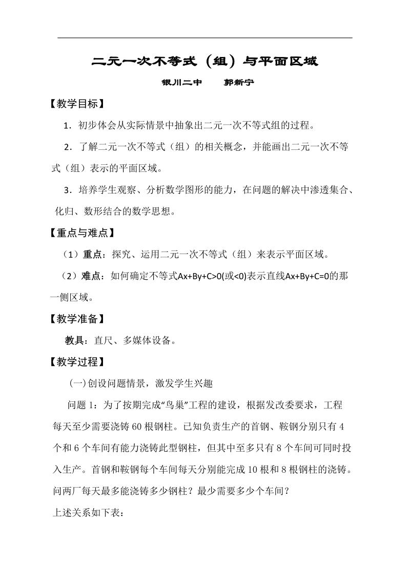 第四届全国高中数学青年教师观摩与评比活动：二元一次不等式（组）与平面区域教案.doc_第1页