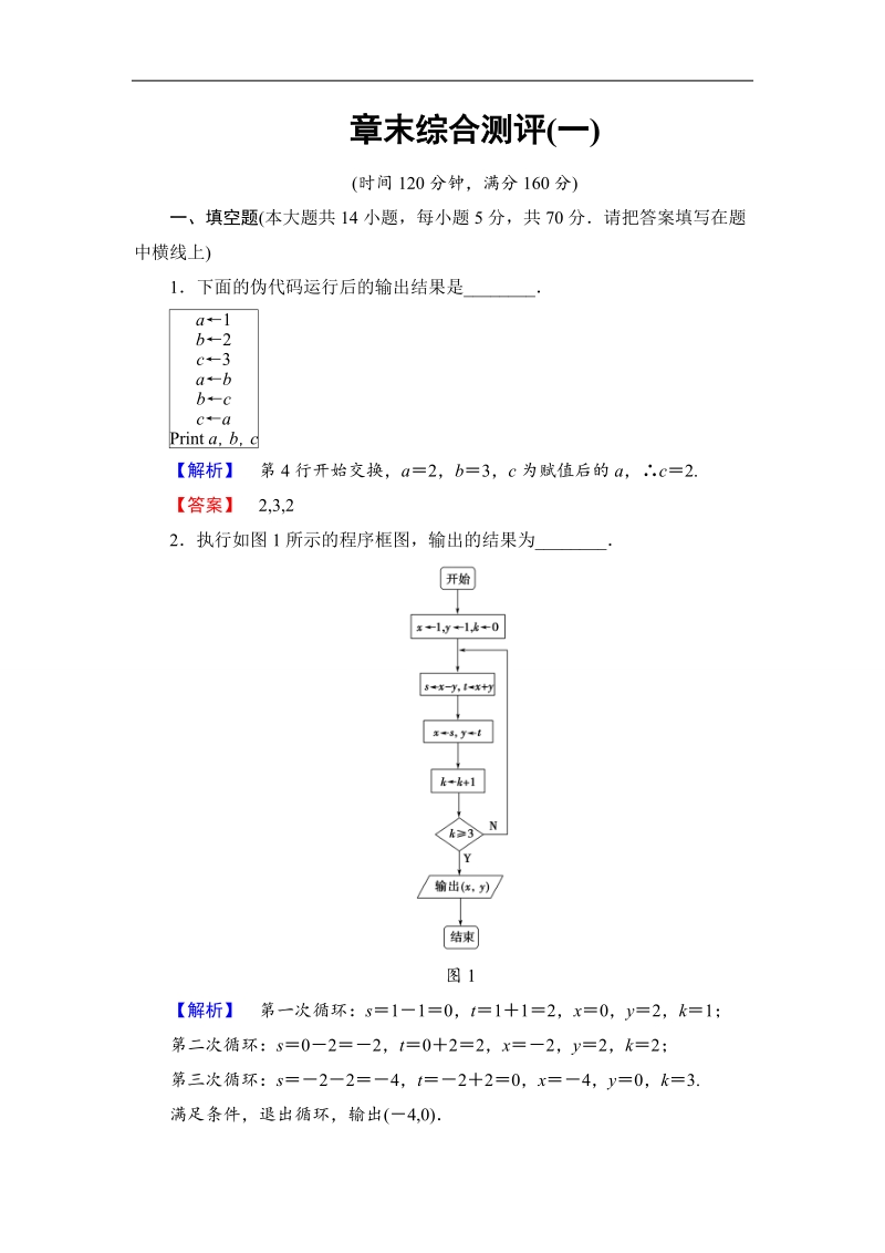 2018版高中数学（苏教版）必修3同步练习题：第1章 章末综合测评1.doc_第1页