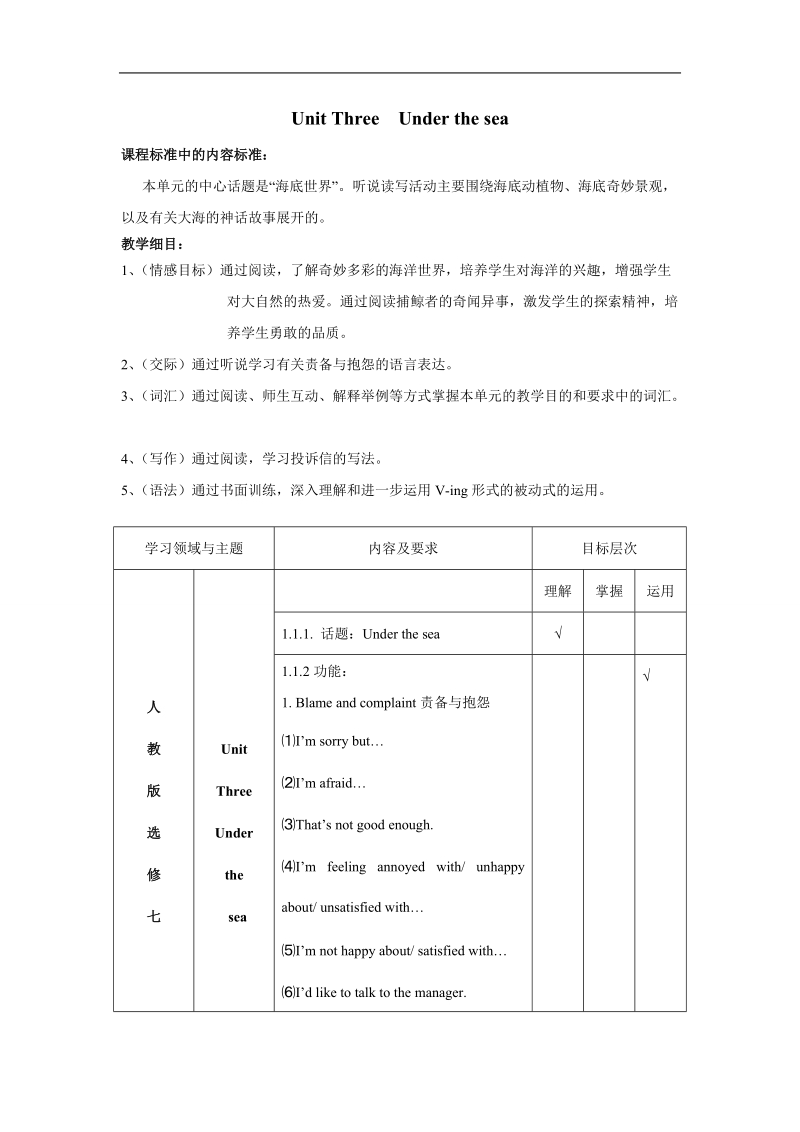 湖北省黄冈市某重点中学人教新课标英语book7 unit three under the sea单元教学细目与单元检测.doc_第1页