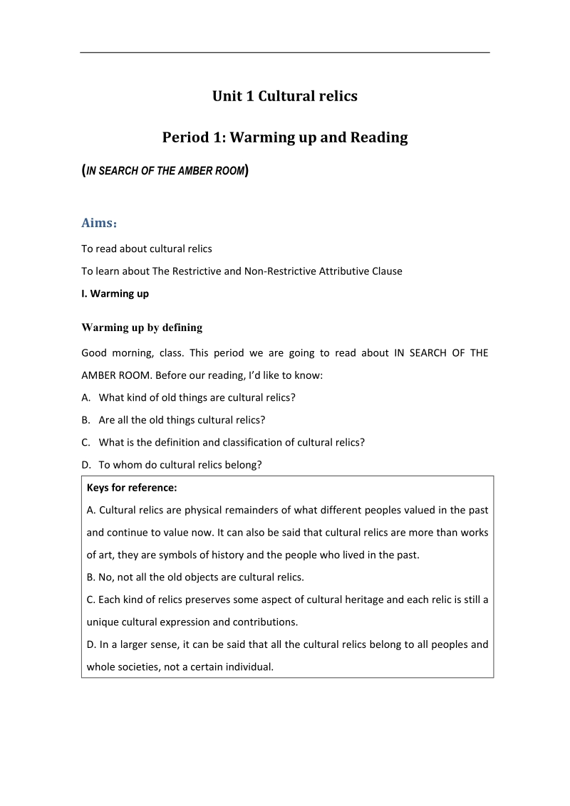 《lwarming up,pre-reading and reading》教案（人教版必修2）.doc_第1页