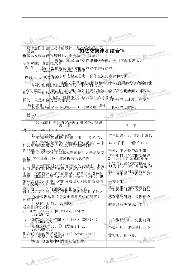 （青岛版）四年级数学下册教案 加法交换律和结合律.doc_第1页