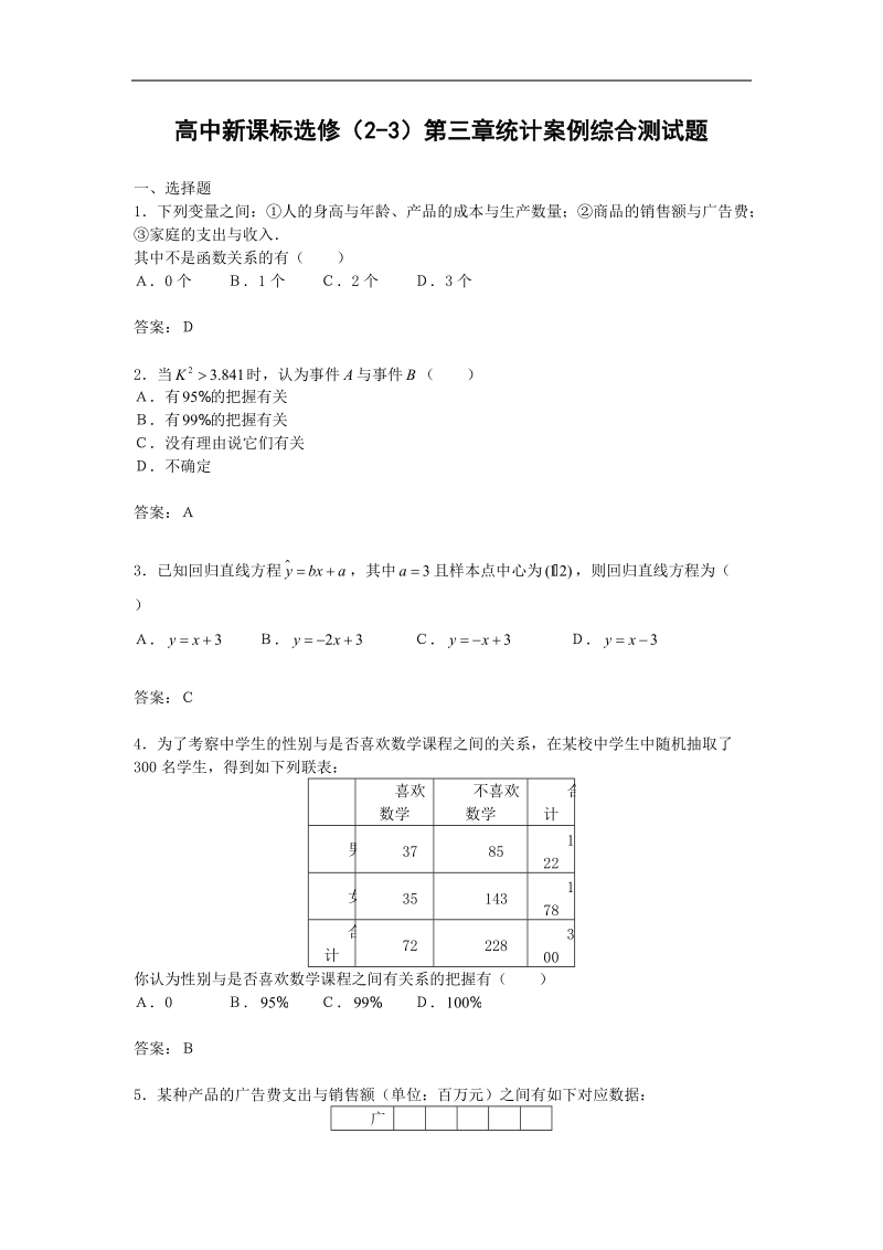 数学：第三章《统计案例》单元测试（新人教b版选修2—3）.doc_第1页