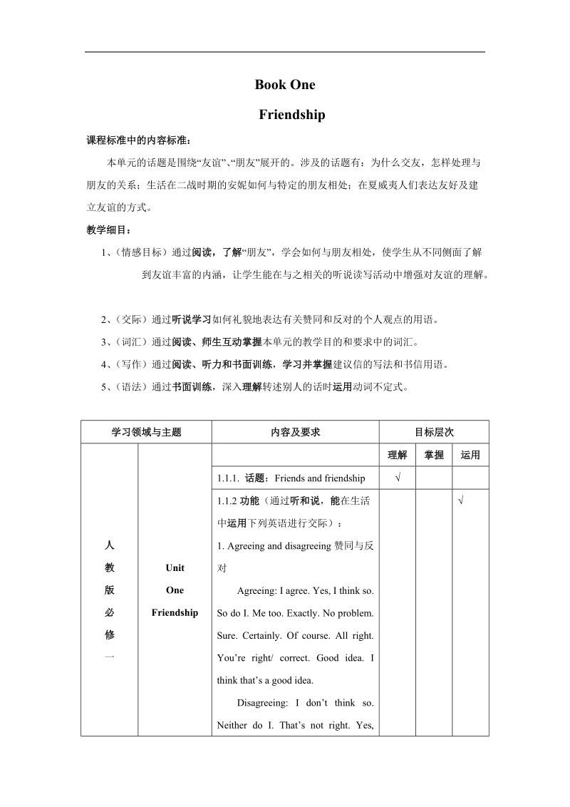 湖北省黄冈市某重点中学人教新课标英语book1 unit one friendship单元教学细目与单元检测.doc_第1页