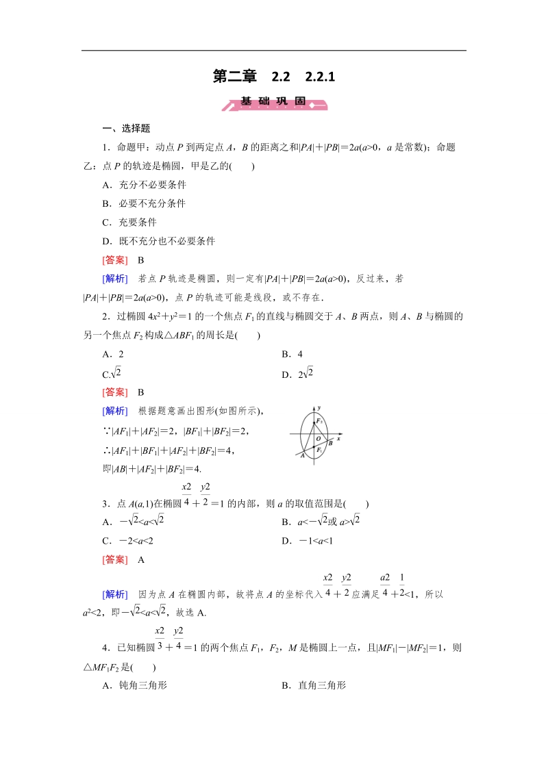 【成才之路】高中数学人教b版选修2-1同步练习 第2章 圆锥曲线与方程 2.2.1.doc_第1页