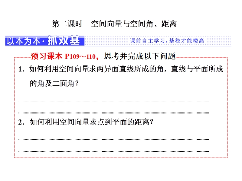 【三维设计】人教a版高中数学选修2-1课件：第三章  3.2  第二课时　空间向量与空间角、距离.ppt_第1页