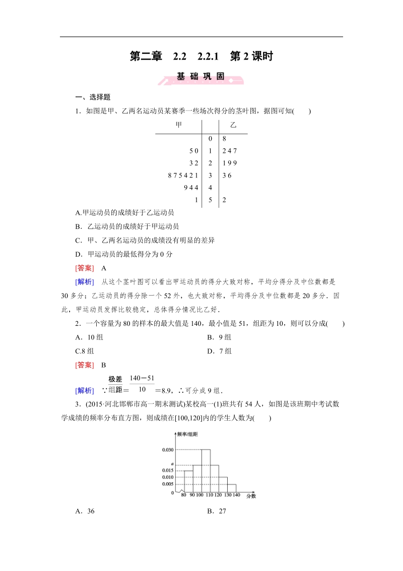 【成才之路】高中数学人教b版必修3习题：2.2.1 第2课时《用样本估计总体》.doc_第1页